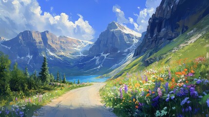 A peaceful mountain pass with wildflowers growing along the roadside and towering cliffs above. 