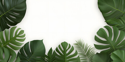 Fototapeta premium Tropical leaves border on white background. Perfect for invitations, websites, or social media.