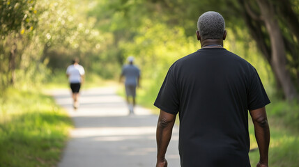 Obraz premium Aging black african american man, walking on a walking trail, exercise outdoors, some other people in background. Elderly black man in good health, walking or jogging outdoors. Senior, elderly black m