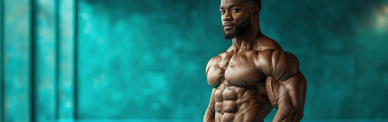 A male bodybuilder poses confidently in a modern gym, highlighting his muscular physique under bright lights. The background features a calming turquoise hue, emphasizing his definition.