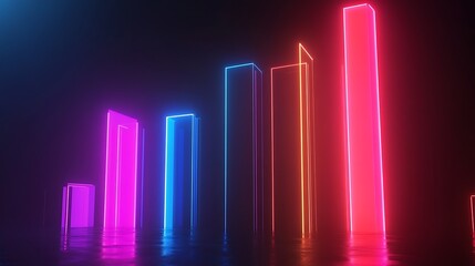 Neon-toned digital bar graph illustrating financial advancement on a dark background