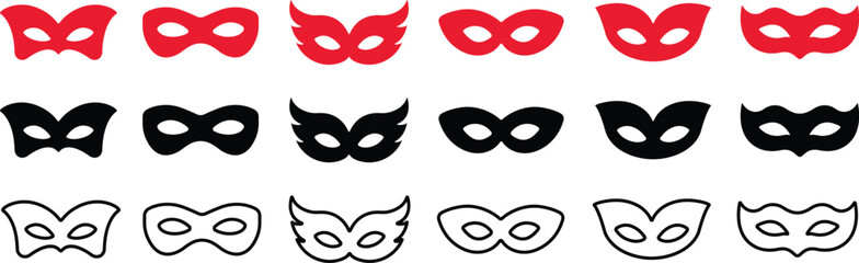 Different Mask silhouette isolated on transparent background Masquerade vector for apps or web party superhero carnival villain or burglar icon in flat, line set. costume eye mask hidden person face