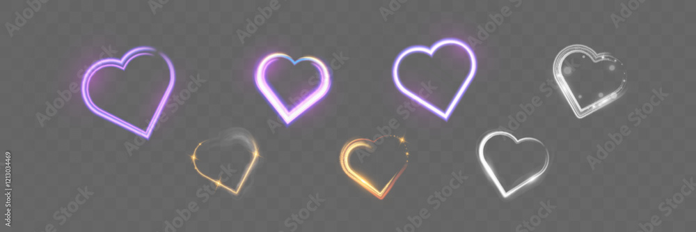 Poster Glowing heart shapes with sparkles and light effects on dark transparent background. Designs include fiery, golden, and neon elements suitable for romantic or festive themes.
