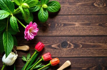 Fototapeta premium Seedlings, flowers and vegetables on a wooden background with space for an inscription. Gardening concept.