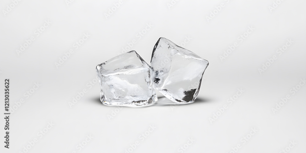 Poster two clear ice cubes on a white background. perfect for refreshing drinks or adding a cool touch to y