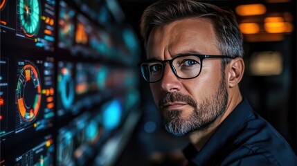 Man Analyzing Digital Data on High-Tech Screens in a Futuristic Office Setting