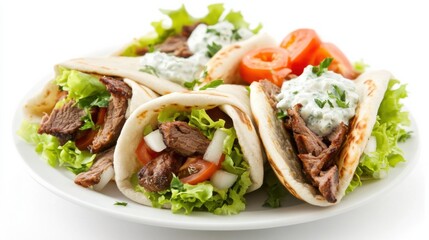A plate of tender lamb gyros with tzatziki sauce, lettuce, and tomatoes wrapped in warm pita bread