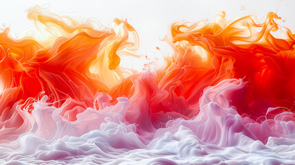 Dynamic composition of vivid colors, combining warm tones like red and orange with cool ones like white and purple, creating an effect of fluid movement and vibrant energy. Abstract Fluid Warm and Coo