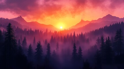 Obraz premium A breathtaking sunrise over the misty mountains, with vibrant orange and pink hues painting the sky above dense forests of evergreen trees.