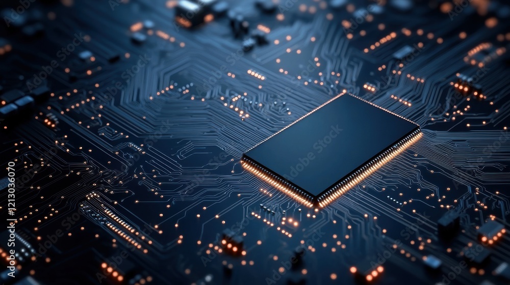 Aufkleber high-tech close-up of circuit board featuring microchip with glowing connections and dark background