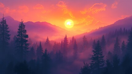 Fototapeta premium A breathtaking sunrise over the misty mountains, with vibrant orange and pink hues painting the sky above dense forests of evergreen trees.