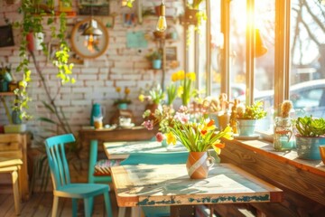 A cheerful cafe promoting a Spring Forward coffee special to celebrate Daylight Saving Time, with bright spring-themed decorations and sunlight pouring through the windows