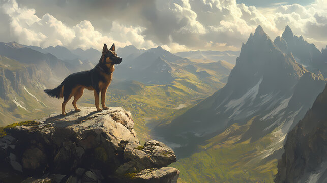 A dog stands on a rocky ledge overlooking a lush valley and mountains under a cloudy sky. Majestic Ridge. Illustration