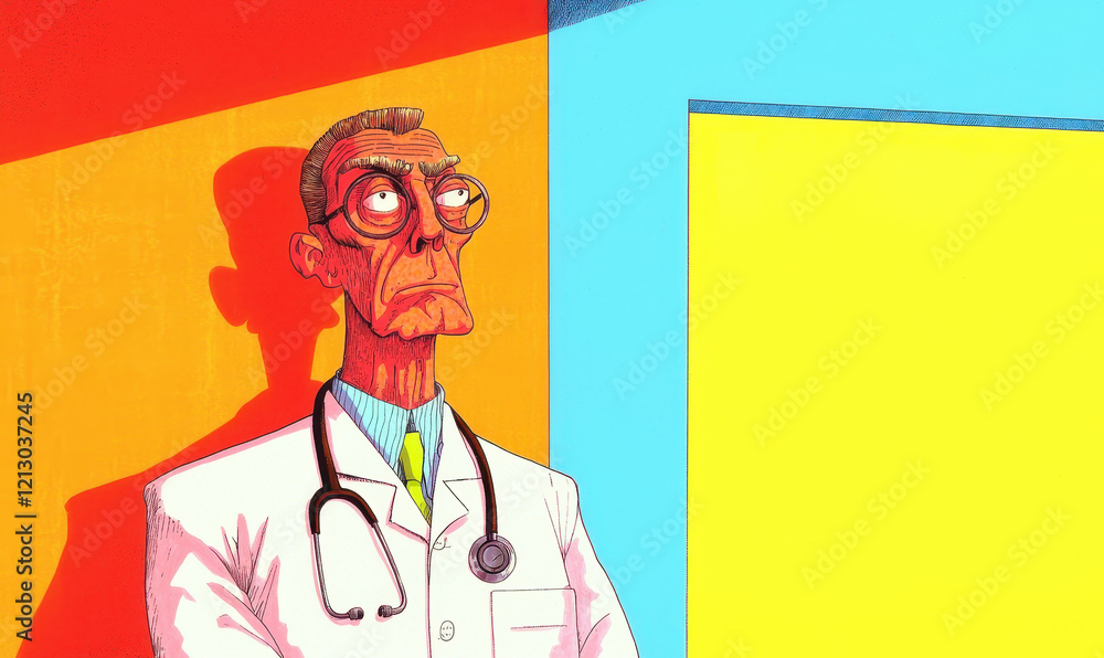 Poster vivid cartoon illustration of a doctor with stethoscope in a colorful setting capturing unique expre