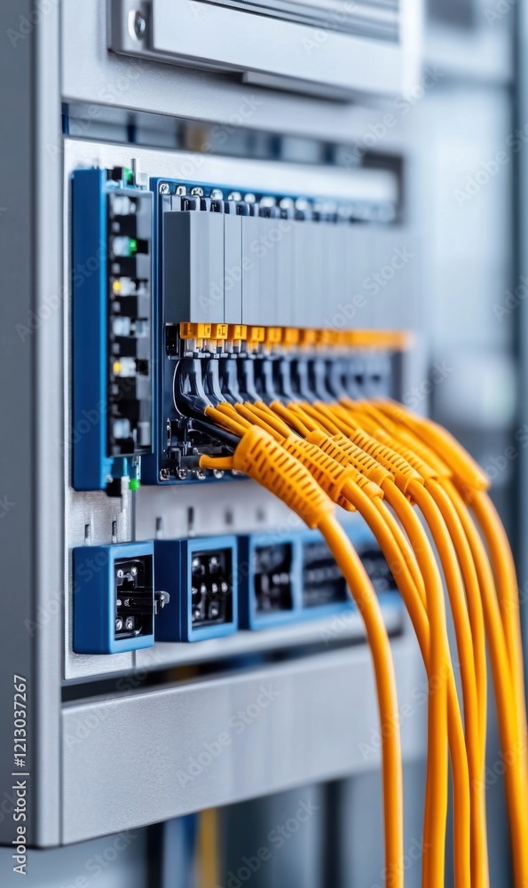 Aufkleber high-tech network switch with bright orange cables connected to a server room rack for data transmis