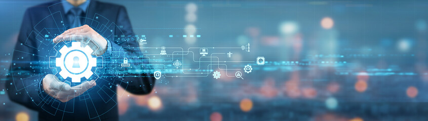 Businessman holding access management solutions, security protocols, user authentication, digital systems, data protection, enterprise resources, technology integration, compliance regulations.