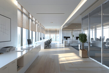 Modern office interior with empty white wall and desks in the background, sleek minimalist design, soft natural lighting, high-detail 3D rendering. generative ai.