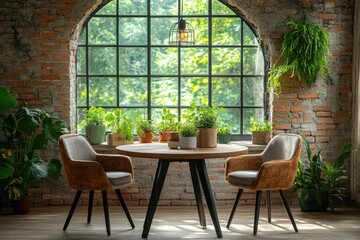 Obraz premium Cozy Brick Interior with Wooden Table and Lush Indoor Plants by Large Window