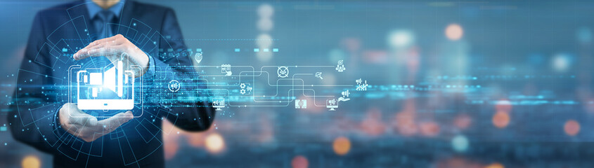 Businessman holding digital marketing tools, strategies, analytics, campaigns, platforms, techniques, metrics, insights, solutions, innovations, trends, systems, data, and approaches.