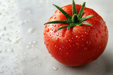 Close-up of a ripe red tomato showcasing dewdrops on its surface. The vivid red contrasts with a white background, highlighting its freshness and appealing texture.