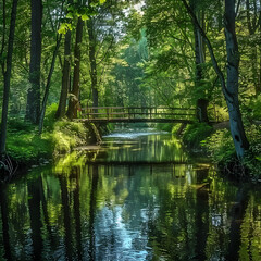 Fototapeta premium Serene Forest River with Wooden Bridge and Reflective Water Creating a Peaceful Natural Setting