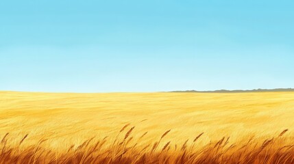 Obraz premium A vast, open field of golden wheat, gently swaying in the breeze beneath a bright, cloudless sky