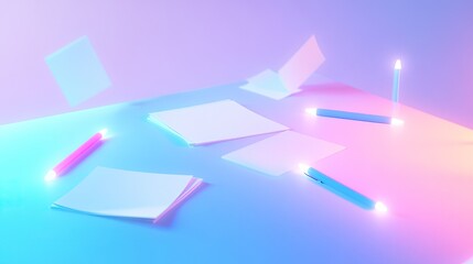 vibrant cartoon 3d render of collaborative workspace table with animated papers and glowing pens scattered on top