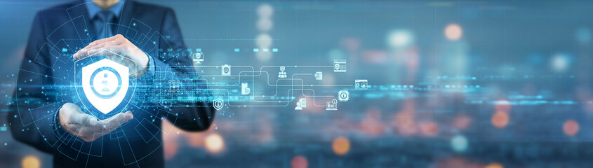 Businessman holding information security strategies, policies, frameworks, protocols, solutions,...