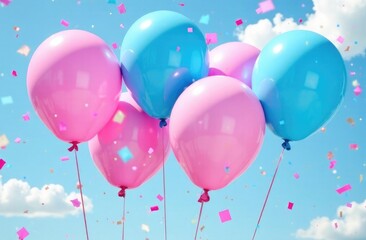 Close-up. A bunch of balls of pink and blue light against the sky with a flying serpentine. Holiday concept.