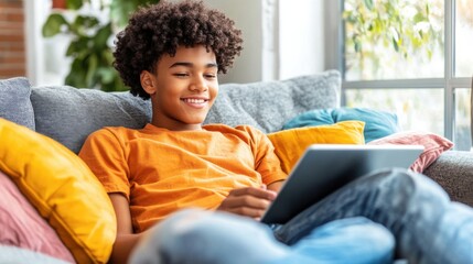 Young African American Child Boy Engaged with Technology on Tablet in Cozy Home Environment