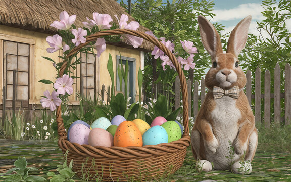 easter bunny with eastern colored eggs in basket a cartoon style basket, 3d  surrounded by flowers and greenery and cute house