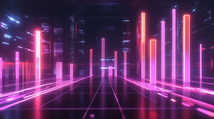 Futuristic digital bar graph with neon effects showing economic progress