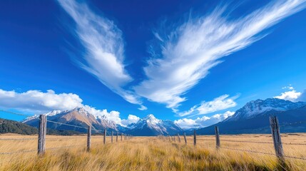 Obraz premium Wispy white clouds shaped like wings stretch across a bright blue sky over a golden grassy field with wooden fence posts leading toward snow-capped mountains.