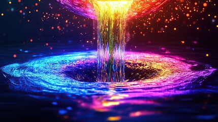 A multicolored light cascade pouring from an enormous floating orb