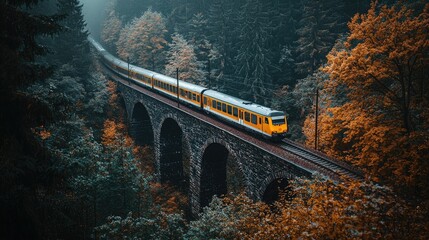 Autumnal Train Journey Through A Misty Forest Viaduct