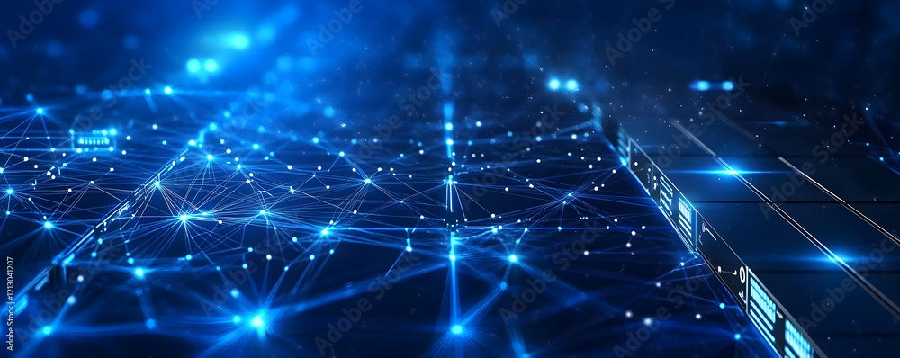 Poster blue technology background with network connections and digital data connection, web banner design f