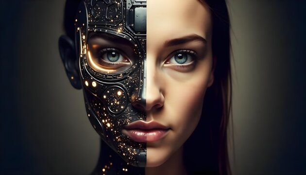 Half human, half robot AI figure, with a metallic robotic design integrated into a female form
