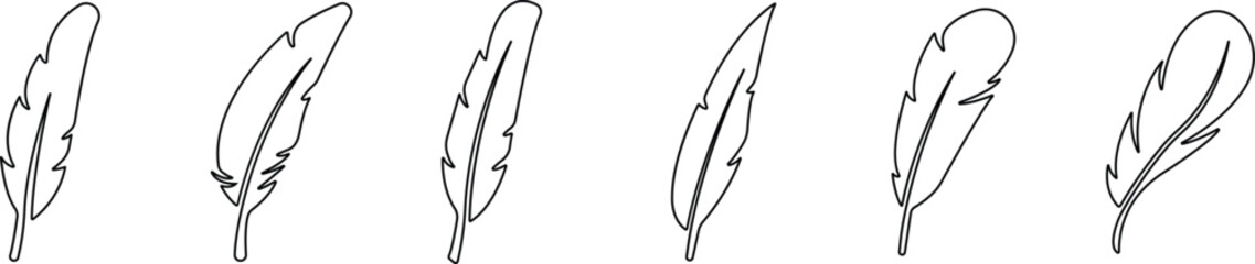 Bird feather icons set. Simple black symbols with different feathers from bird wings. line style vector for apps website isolated on transparent background