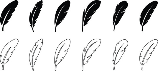 Bird feather icons set. Simple black symbols with different feathers from bird wings. Flat line style vector for apps website isolated on transparent background © AbdulJabbar