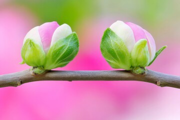 A macro view of branches featuring buds, framed by a spring scene with a limited depth of field