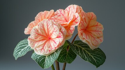 Obraz premium Pink-veined flowers with patterned leaves on gray backdrop.