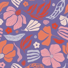 Retro groovy floral seamless pattern, hand draw modern flowers