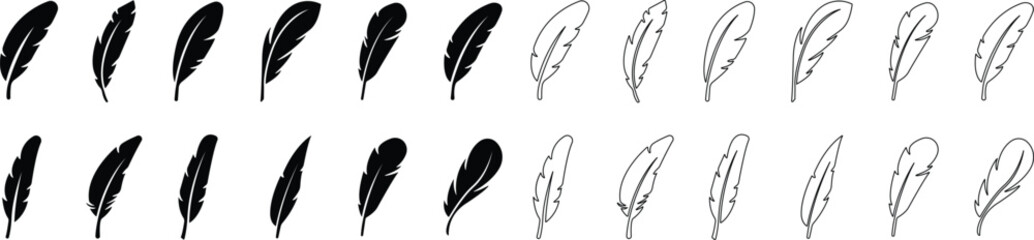 Bird feather icons set. Simple black symbols with different feathers from bird wings. Flat line style vector for apps website isolated on transparent background