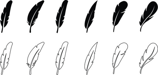 Bird feather icons set. Simple black symbols with different feathers from bird wings. Flat line style vector for apps website isolated on transparent background © AbdulJabbar