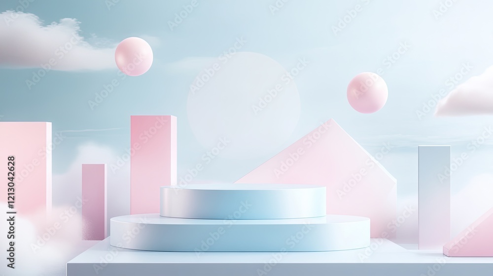 Poster vibrant podium in pastel tones surrounded by dynamic geometric shapes and floating elements in surre