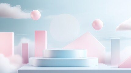 vibrant podium in pastel tones surrounded by dynamic geometric shapes and floating elements in surreal studio