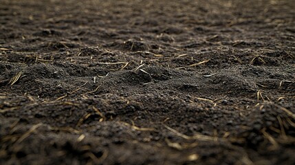 Plowed field soil close-up, blurred background, agriculture.