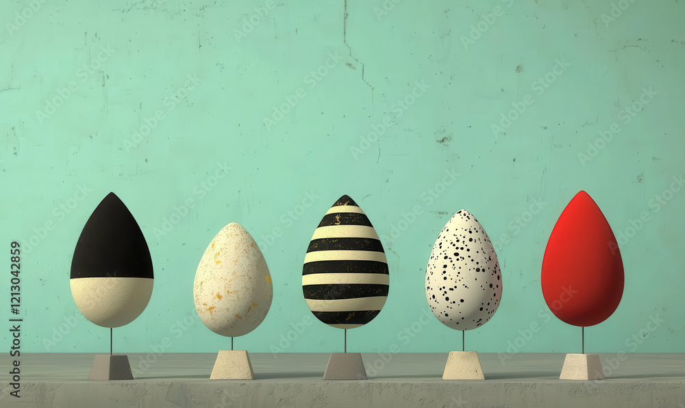 Poster exploring abstract art: five uniquely decorated eggs on display against a turquoise background showc