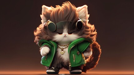 Cool Cat in Green Jacket: A 3D Rendered Fashionable Feline