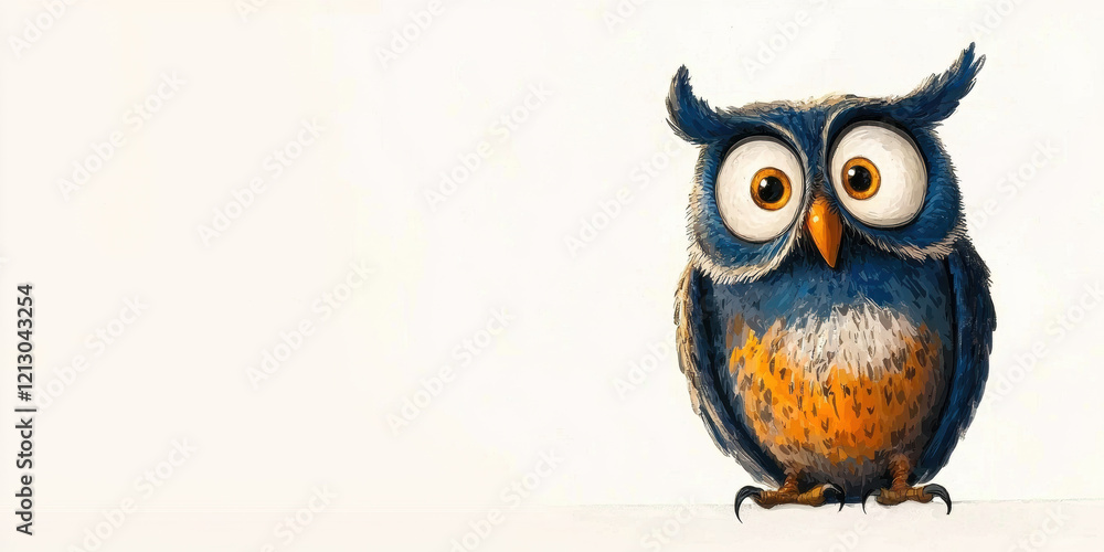 Poster a quirky owl with a comical, surprised expression, perched gracefully, set against a minimal white b
